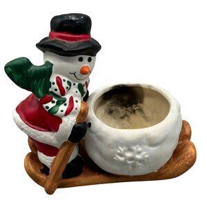 Christmas Holiday Snowman Candle Holder With Sled Design 5" Tall READ